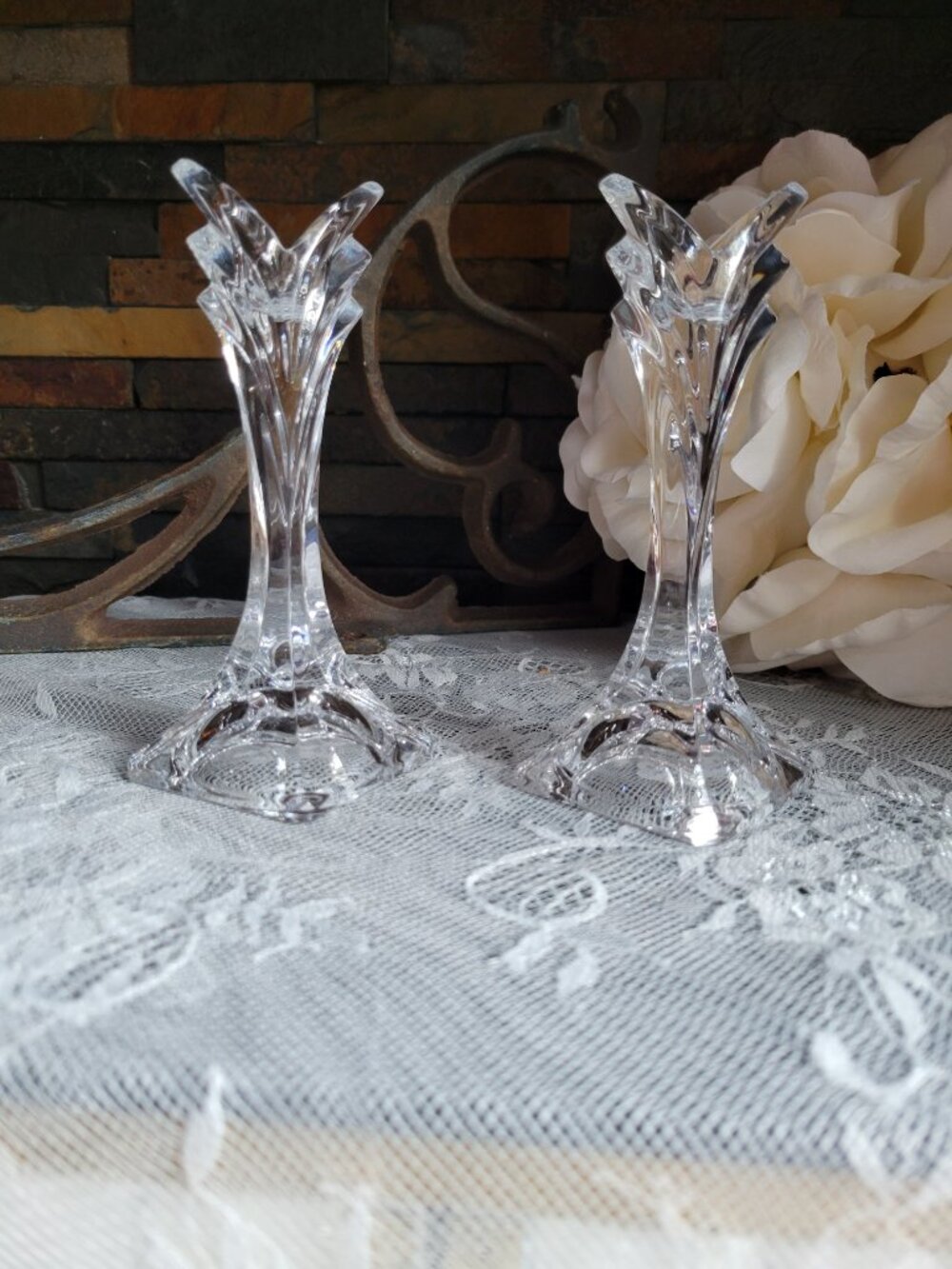 VTG Mikasa Deco Lead Crystal Tulip Candlestick Holders-Pair 5.5" tall